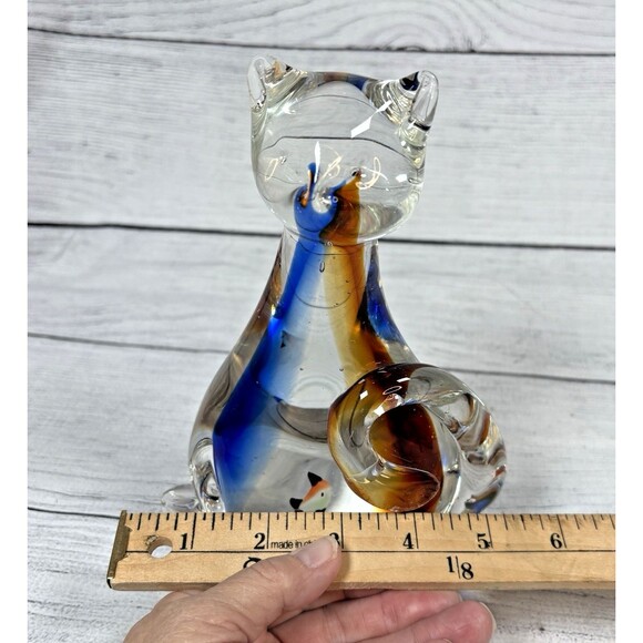 Murano Handblown Art Glass Clear Blue Amber 8" Cat Fish in Belly Figurine Decor - Picture 6 of 7